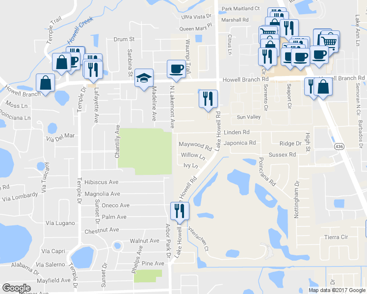 map of restaurants, bars, coffee shops, grocery stores, and more near 1810 Maywood Road in Winter Park