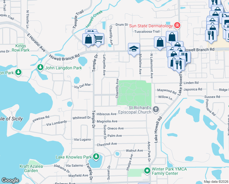 map of restaurants, bars, coffee shops, grocery stores, and more near 1443 Place Vendome in Winter Park