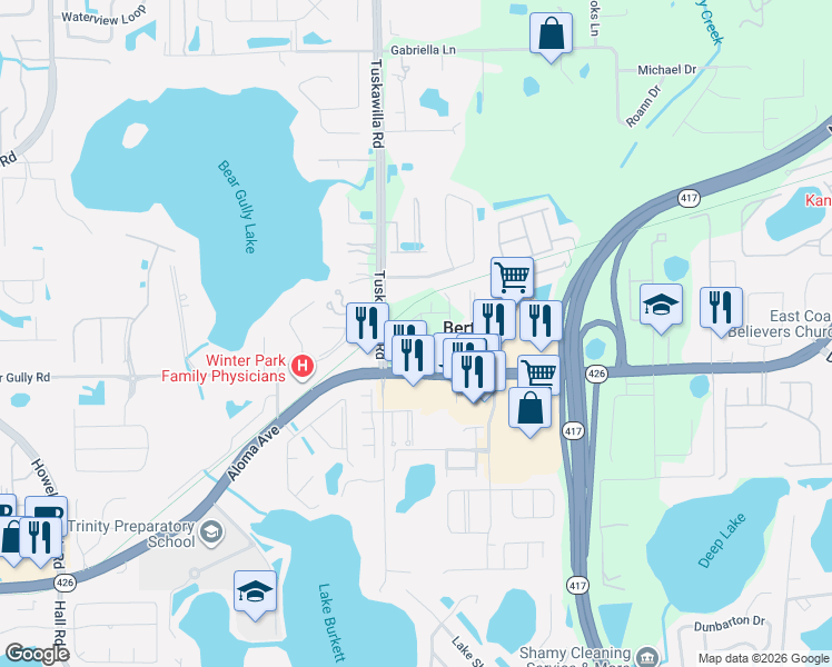 map of restaurants, bars, coffee shops, grocery stores, and more near 2783 Tuskawilla Road in Oviedo
