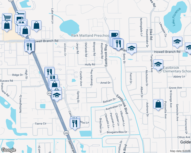 map of restaurants, bars, coffee shops, grocery stores, and more near 3413 Bowman Drive in Winter Park