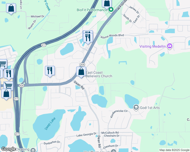 map of restaurants, bars, coffee shops, grocery stores, and more near 5667 Elmhurst Circle in Oviedo