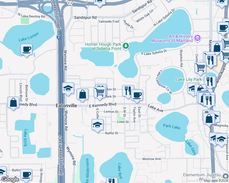 map of restaurants, bars, coffee shops, grocery stores, and more near 400 Eaton Street in Maitland