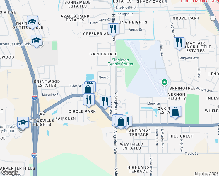 map of restaurants, bars, coffee shops, grocery stores, and more near 2911 Elder Street in Titusville
