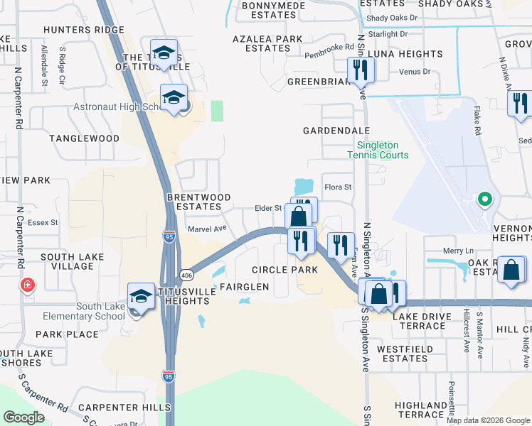 map of restaurants, bars, coffee shops, grocery stores, and more near 3333 Elder Street in Titusville