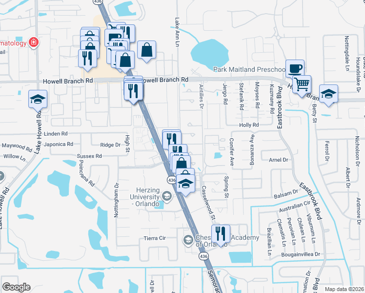 map of restaurants, bars, coffee shops, grocery stores, and more near 1603 Semoran North Circle in Winter Park