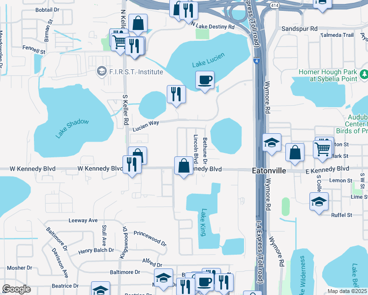 map of restaurants, bars, coffee shops, grocery stores, and more near 106 Washington Avenue in Orlando