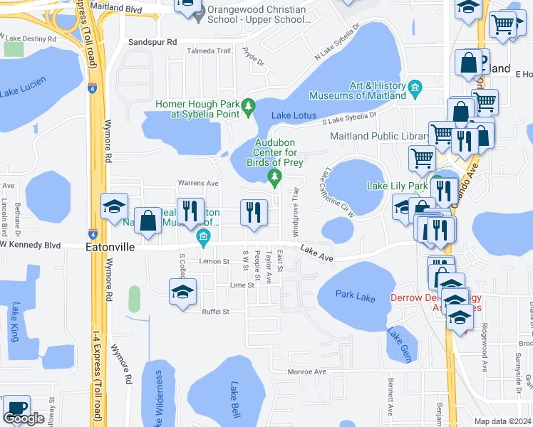 map of restaurants, bars, coffee shops, grocery stores, and more near 548 Eaton Street in Eatonville