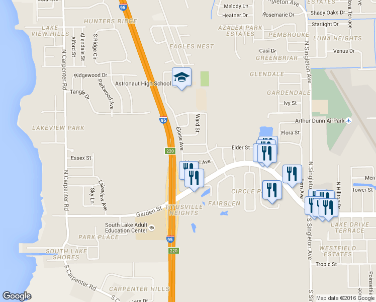 map of restaurants, bars, coffee shops, grocery stores, and more near 3428 Elder Street in Titusville