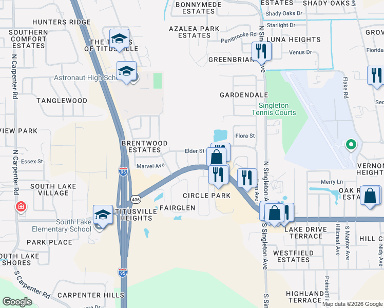 map of restaurants, bars, coffee shops, grocery stores, and more near 3333 Elder Street in Titusville
