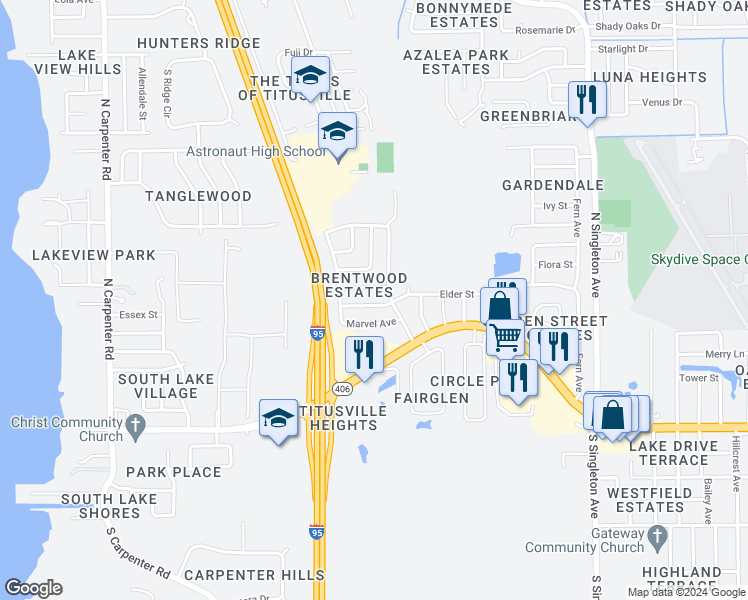map of restaurants, bars, coffee shops, grocery stores, and more near 3412 Elder Street in Titusville