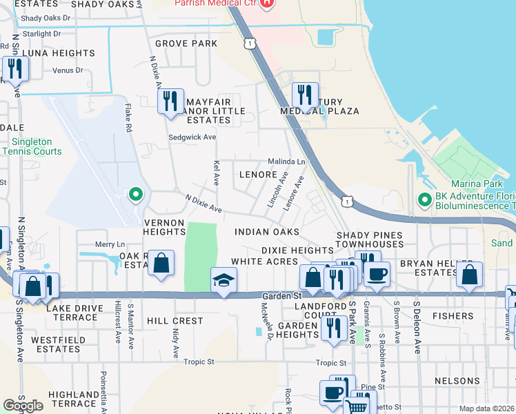 map of restaurants, bars, coffee shops, grocery stores, and more near 400 Lincoln Avenue in Titusville
