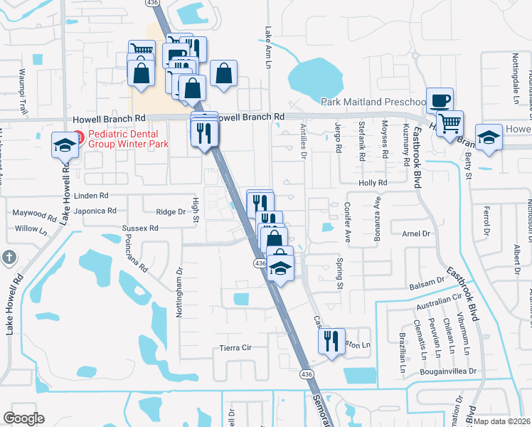 map of restaurants, bars, coffee shops, grocery stores, and more near 1603 Semoran North Circle in Winter Park