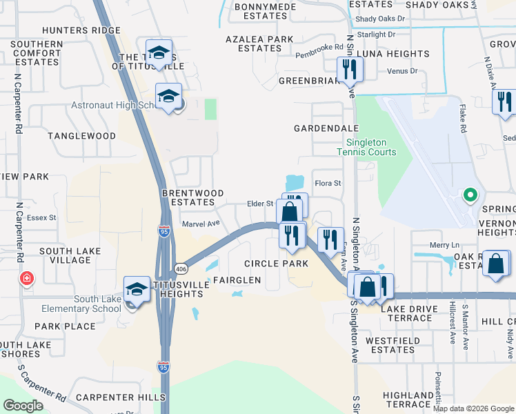 map of restaurants, bars, coffee shops, grocery stores, and more near 3333 Elder Street in Titusville