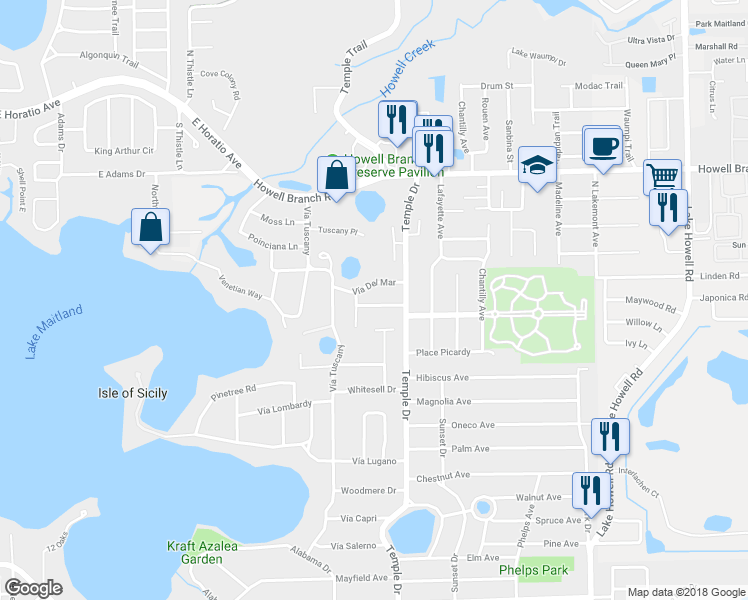 map of restaurants, bars, coffee shops, grocery stores, and more near 1219 Vía Estrella in Winter Park