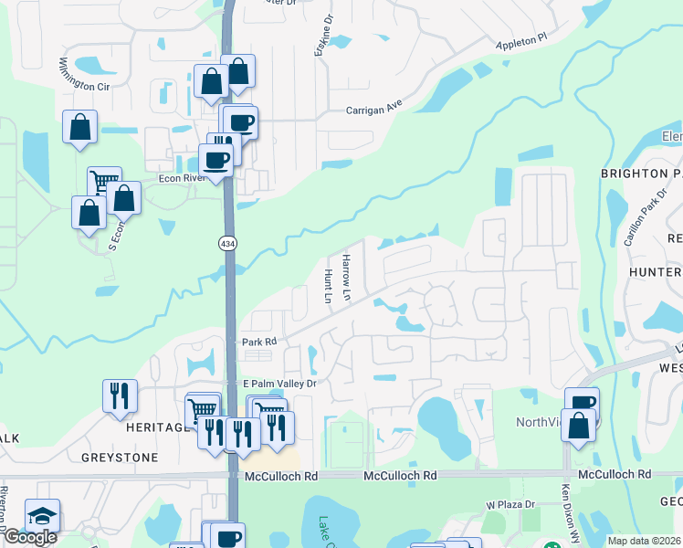 map of restaurants, bars, coffee shops, grocery stores, and more near 3441 Harrow Lane in Oviedo