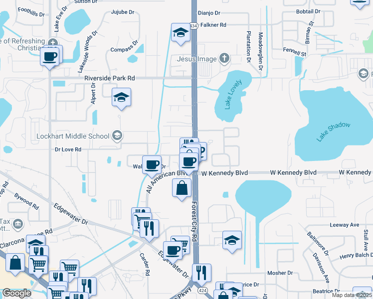 map of restaurants, bars, coffee shops, grocery stores, and more near 7000 Forest City Road in Orlando