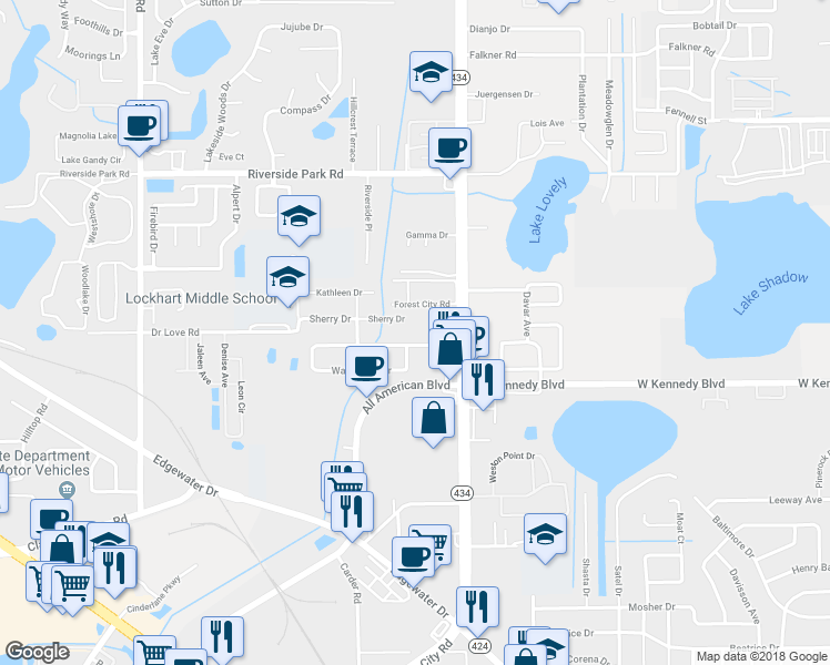 map of restaurants, bars, coffee shops, grocery stores, and more near 2955 Kelvington Drive in Orlando