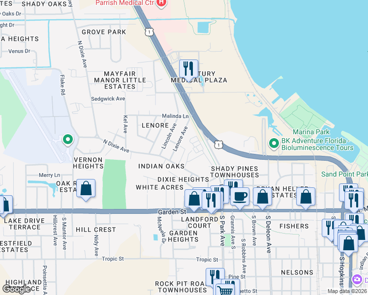 map of restaurants, bars, coffee shops, grocery stores, and more near 1621 Poe Street in Titusville