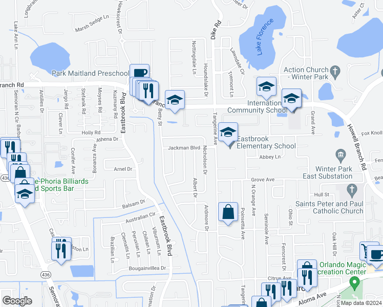 map of restaurants, bars, coffee shops, grocery stores, and more near 5524 Albert Drive in Winter Park