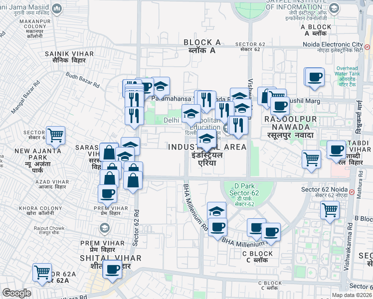 map of restaurants, bars, coffee shops, grocery stores, and more near in Noida