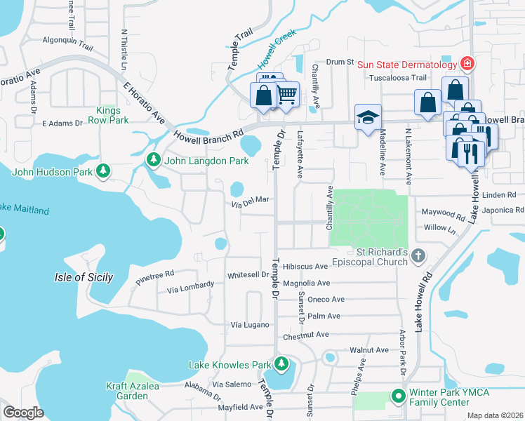 map of restaurants, bars, coffee shops, grocery stores, and more near 1219 Vía Estrella in Winter Park