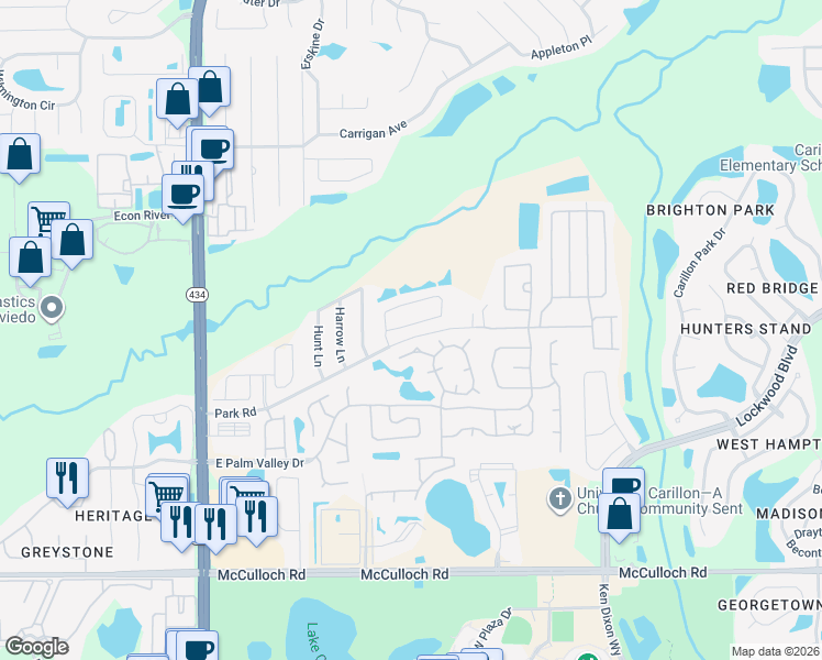 map of restaurants, bars, coffee shops, grocery stores, and more near 3424 Kayla Circle in Oviedo