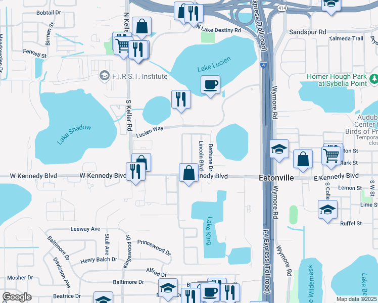 map of restaurants, bars, coffee shops, grocery stores, and more near 110 Washington Avenue in Orlando
