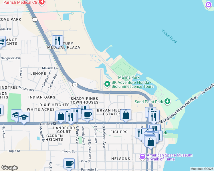 map of restaurants, bars, coffee shops, grocery stores, and more near 485 North Washington Avenue in Titusville