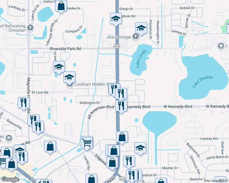 map of restaurants, bars, coffee shops, grocery stores, and more near 7000 Forest City Road in Orlando