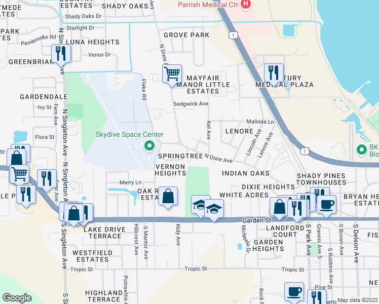 map of restaurants, bars, coffee shops, grocery stores, and more near 495 Valerie Drive in Titusville