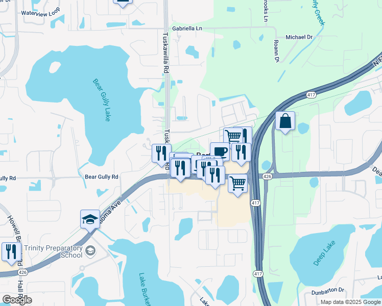 map of restaurants, bars, coffee shops, grocery stores, and more near 3630 Florida 426 in Oviedo
