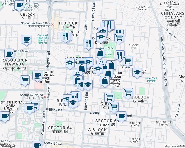 map of restaurants, bars, coffee shops, grocery stores, and more near in Noida