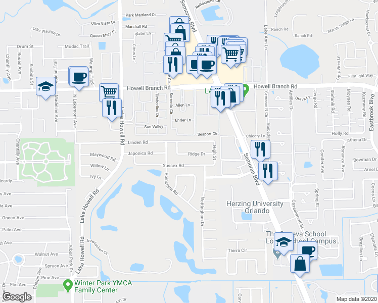 map of restaurants, bars, coffee shops, grocery stores, and more near 2148 Ridge Drive in Winter Park