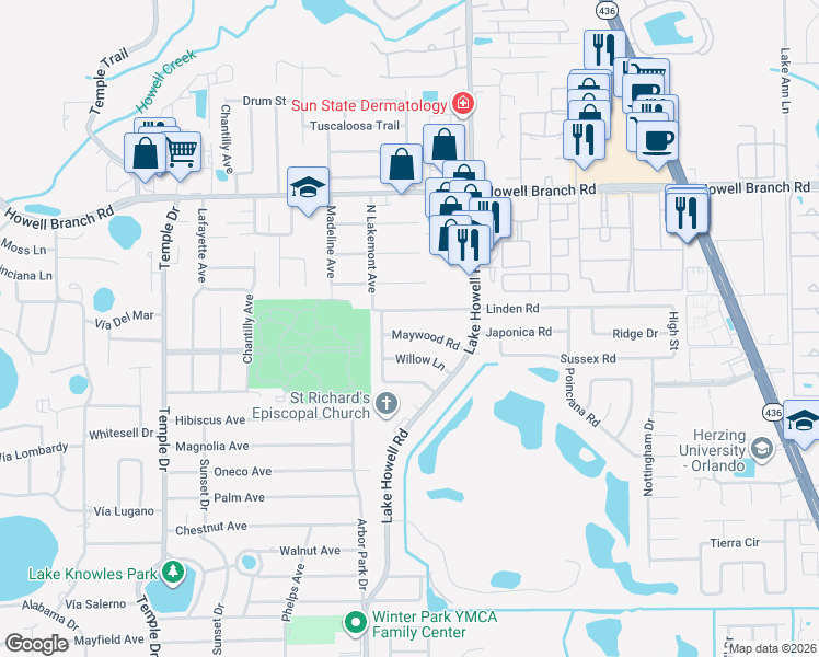 map of restaurants, bars, coffee shops, grocery stores, and more near 1810 Maywood Road in Winter Park