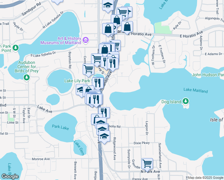 map of restaurants, bars, coffee shops, grocery stores, and more near 950 Live Oak Street in Maitland