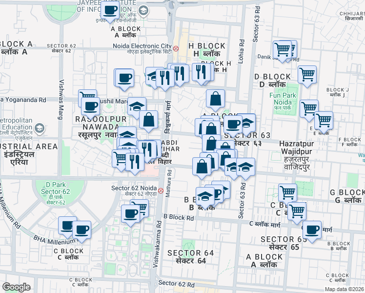 map of restaurants, bars, coffee shops, grocery stores, and more near in Noida