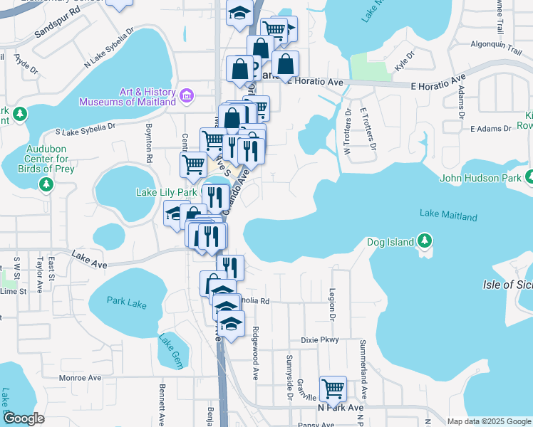 map of restaurants, bars, coffee shops, grocery stores, and more near 950 Live Oak St in Maitland