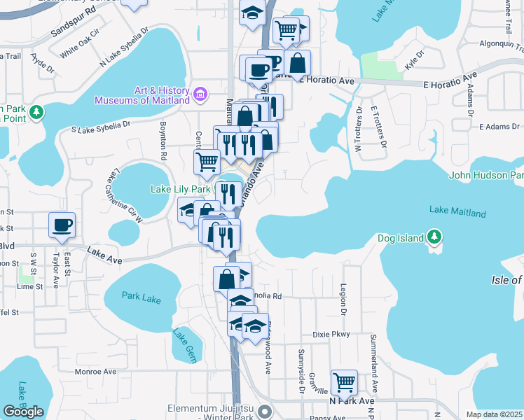 map of restaurants, bars, coffee shops, grocery stores, and more near 950 Live Oak Street in Maitland