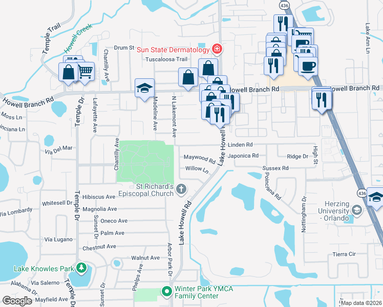 map of restaurants, bars, coffee shops, grocery stores, and more near 1810 Maywood Road in Winter Park