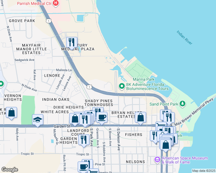 map of restaurants, bars, coffee shops, grocery stores, and more near 497 North Washington Avenue in Titusville