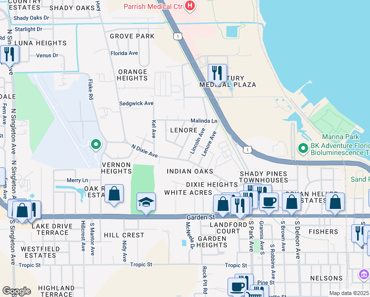 map of restaurants, bars, coffee shops, grocery stores, and more near 421 Mendel Lane in Titusville