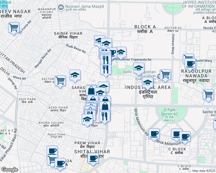 map of restaurants, bars, coffee shops, grocery stores, and more near in Noida