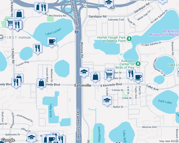 map of restaurants, bars, coffee shops, grocery stores, and more near 151 Gabriel Avenue in Maitland