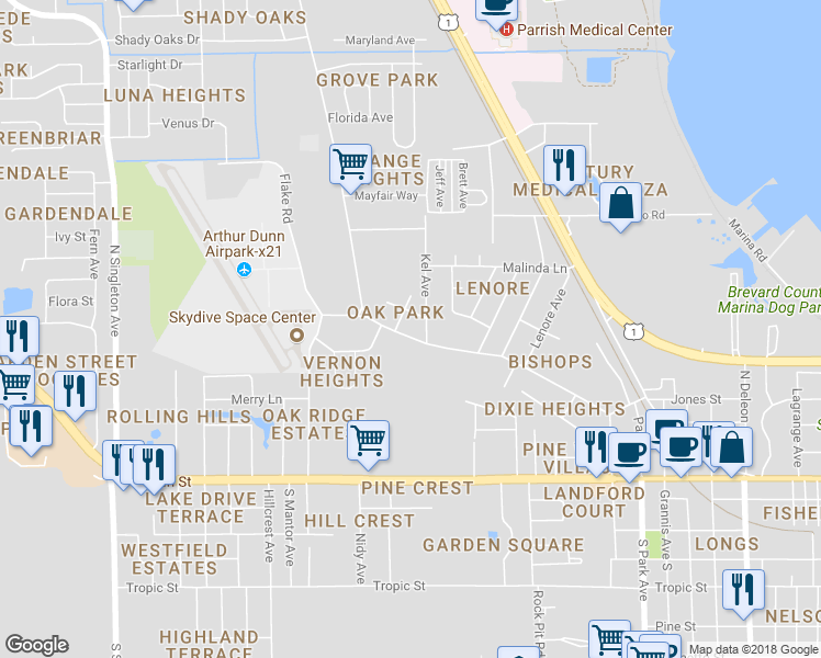map of restaurants, bars, coffee shops, grocery stores, and more near 482 North Dixie Avenue in Titusville
