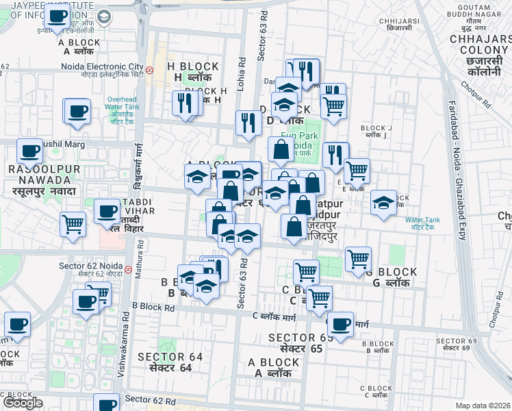 map of restaurants, bars, coffee shops, grocery stores, and more near in Noida