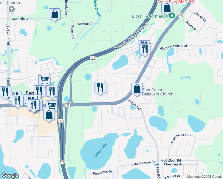 map of restaurants, bars, coffee shops, grocery stores, and more near 2785 Wrights Road in Oviedo
