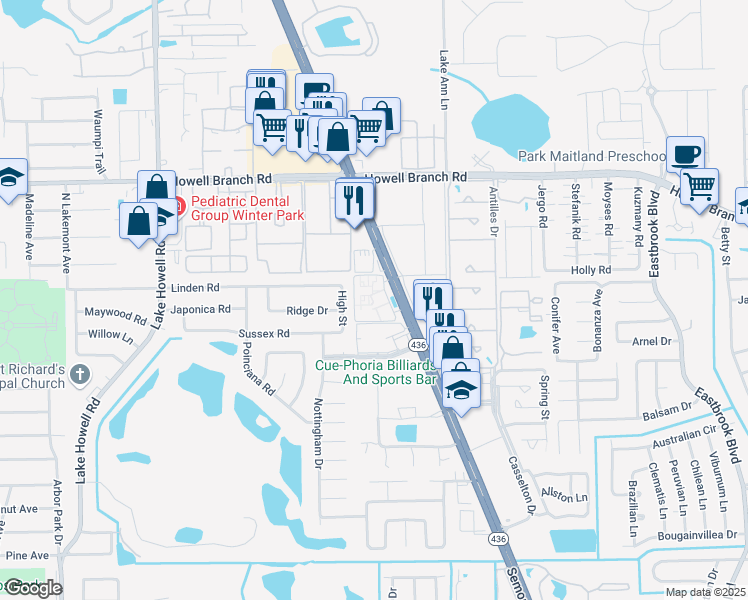 map of restaurants, bars, coffee shops, grocery stores, and more near 167 Sedgefield Circle in Winter Park