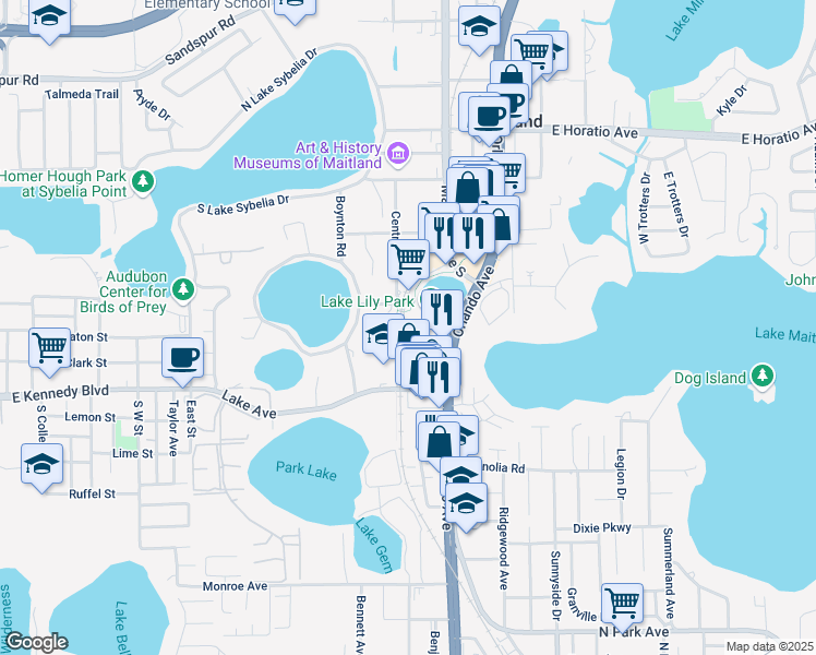 map of restaurants, bars, coffee shops, grocery stores, and more near 820 Lake Lily Drive in Maitland