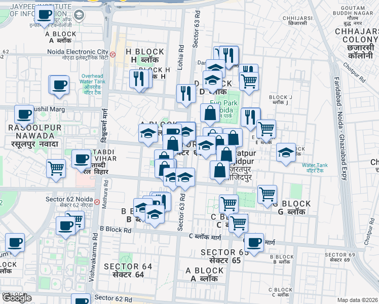 map of restaurants, bars, coffee shops, grocery stores, and more near in Noida