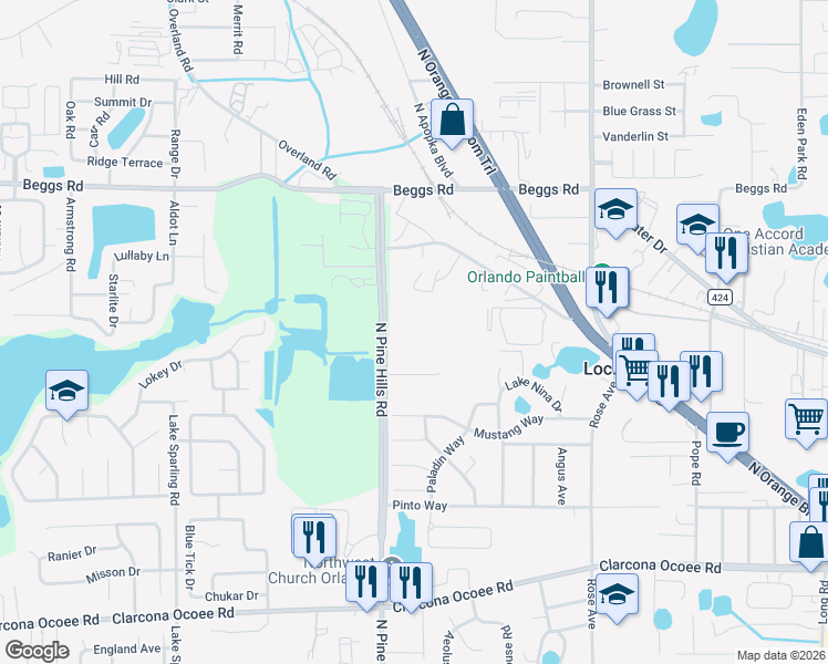map of restaurants, bars, coffee shops, grocery stores, and more near 5711 North Pine Hills Road in Lockhart